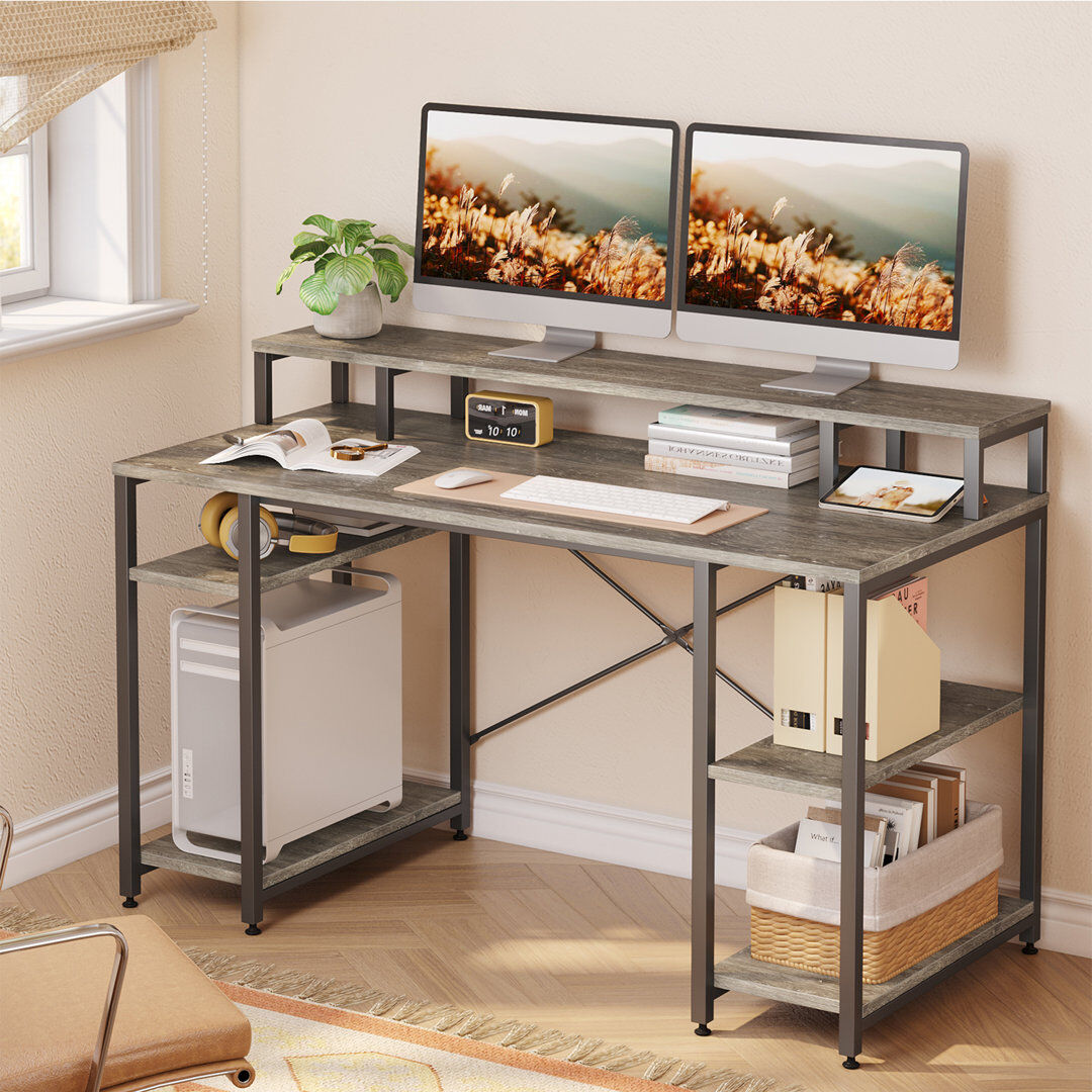 Blue Elephant Kinslee 55inch Computer Desk with Monitor Stand Grey Wash 85.5cm H X 140cm W X 60cm D