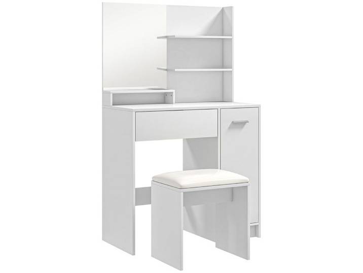 YWJ Commode de maquillage avec tabouret miroir tiroir étagère réglable et étagères ouvertes anti-renversement blanc et beige