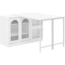 MODFU Bartisch ausziehbar Weiß 122x40x77 cm mit 360 Grad Drehplatte Stauraum und Glas Schiebetüren, Kücheninsel aus MDF
