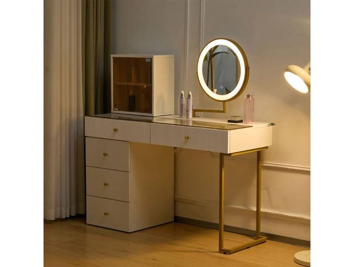 POCKETPOP Coiffeuse avec miroir et led 5 Tiroirs de Rangement avec armoire moderne élégant Blanc