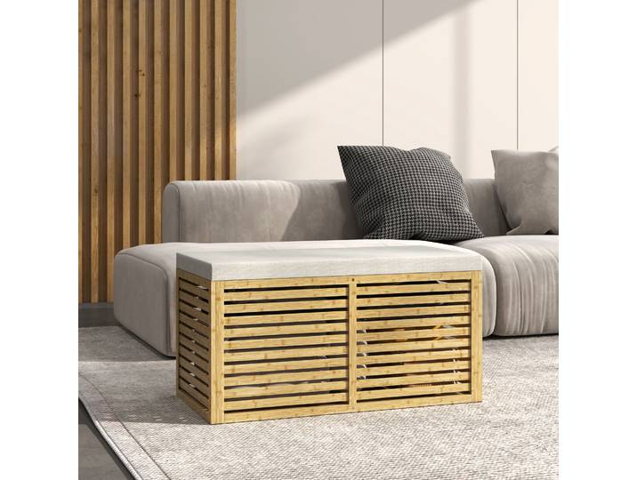 HOMCOM Banc Rangement Tissu Lin Bambou Gris/Naturel