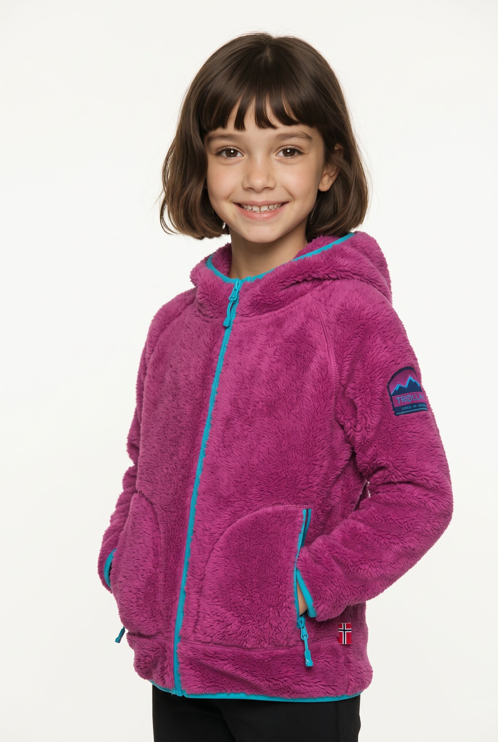 Fleecejacke TROLLKIDS "GIRLS BORGUND JACKET XT", Kinder, Gr. 98, pink (bright berry, schwarz turquoise), Obermaterial: 100% Polyester, Jacken Fleecejacke, sportlich, aus Highloft-Fleece, für Kinder, mit Kapuze bright berry, schwarz turquoise 98