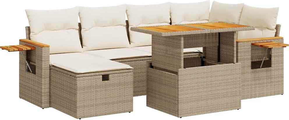 8-tlg. Garten-Lounge-Set, Poly Rattan Beige, mit Stauraum, verstellbarem Tisch, waschbaren Kissen, pulverbeschichtetem Stahlgestell