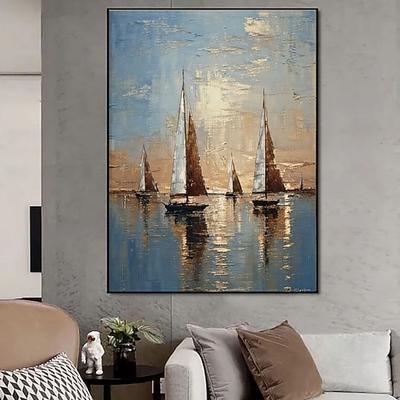 Handgemaltes Segelbootbild, abstrakte Meereslandschaft, strukturierte Acryl-Ölmalerei, strukturierte Segelboote, Wandkunst, abstrakte Ozeankunst