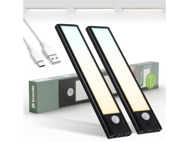 Brendz LED Kastverlichting met bewegingssensor\, 2 x 20 cm\, USB-C Oplaadbaar\, Dimbaar\, Magnetisch\, 3 Kleurtemperaturen\, Draadloos\, Kastverlichting op Batterij\, Zwart