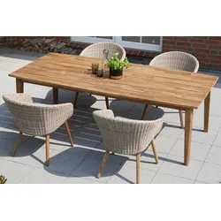 OUTFLEXX Borneo Garten-Essgruppe, beige-meliert, Polyrattan/Akazie, Tisch 180 x 90 cm, 4 Cocktail-Sessel, FSC®-zertifiziertes Produkt