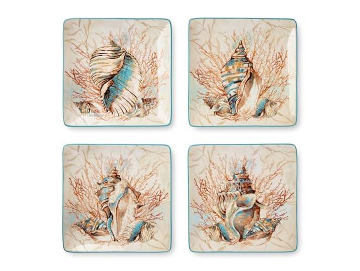 Escape to the Sea Speiseteller, 26,7 cm, Küstenmuschel- und Korallen-Design, langlebige Keramik, mikrowellen- und spülmaschinenfest, Ozean-inspiriertes Geschirr für Innen- und Außenbereich, 4 Stück