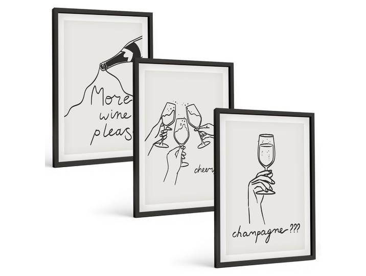 BILDER SET 3er Set - 40x60 cm Schwarzer Rahmen - Champagner-Wein-Linienzeichnung