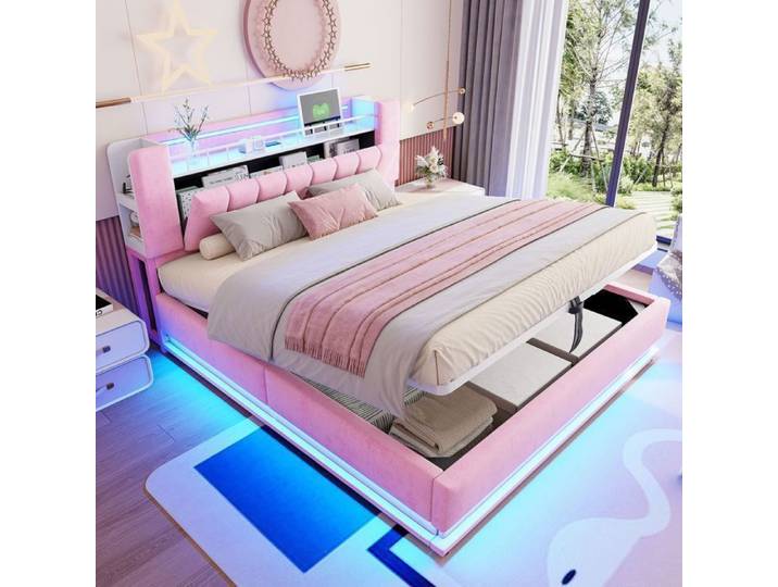 Lit coffre - WESTYLE - Lit Coffre Enfant 180x200 - Velours rose - LED & USB - Rangement hydraulique