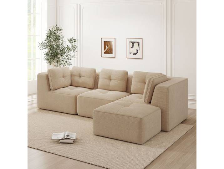 Canapé d'angle modulable 3 places beige profondeur d'assise 74 cm sans montage tissu côtelé
