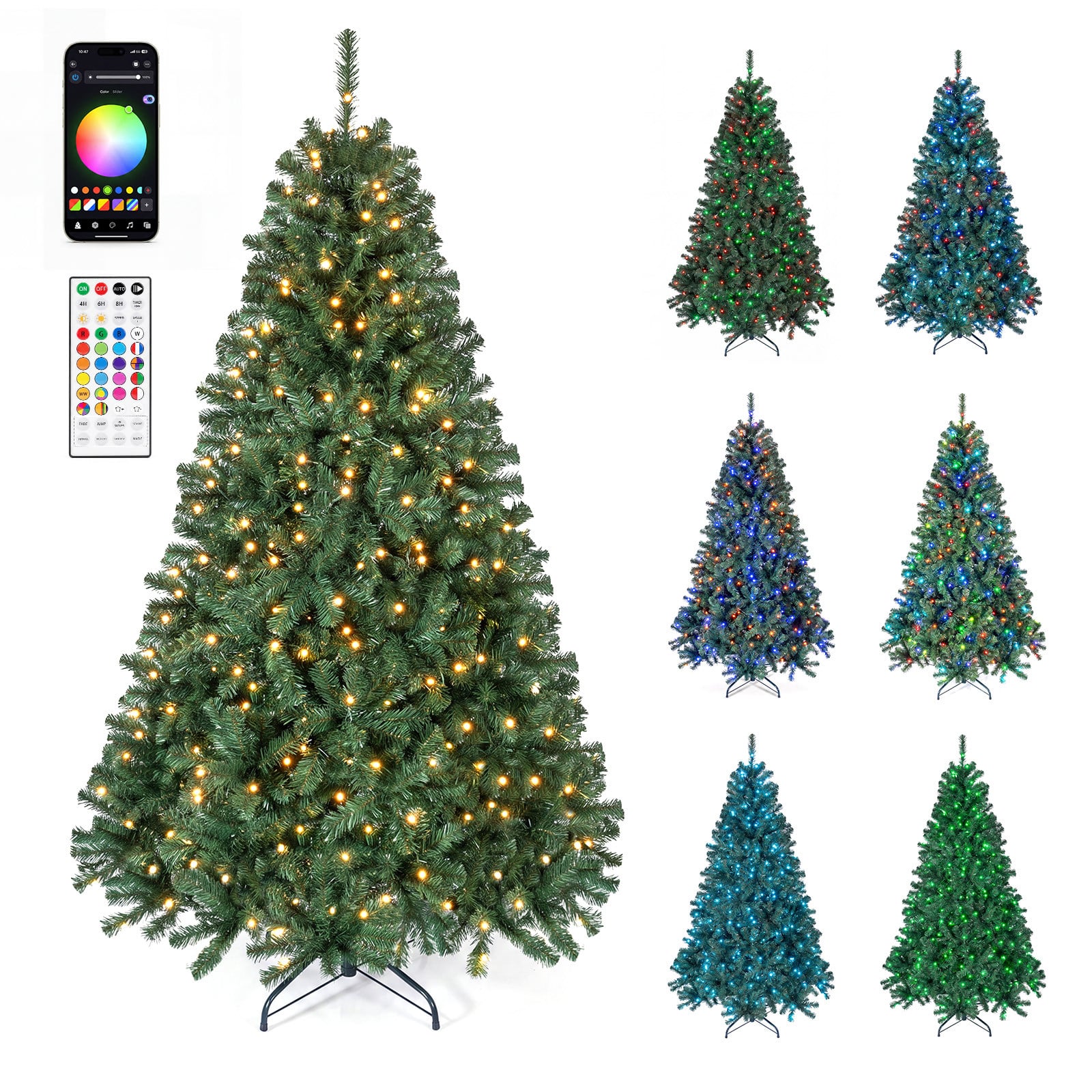 Costway Kunstmatige Kerstboom met 1072 Takken en 300 Verlichting, Opvouwbaar en Levensecht