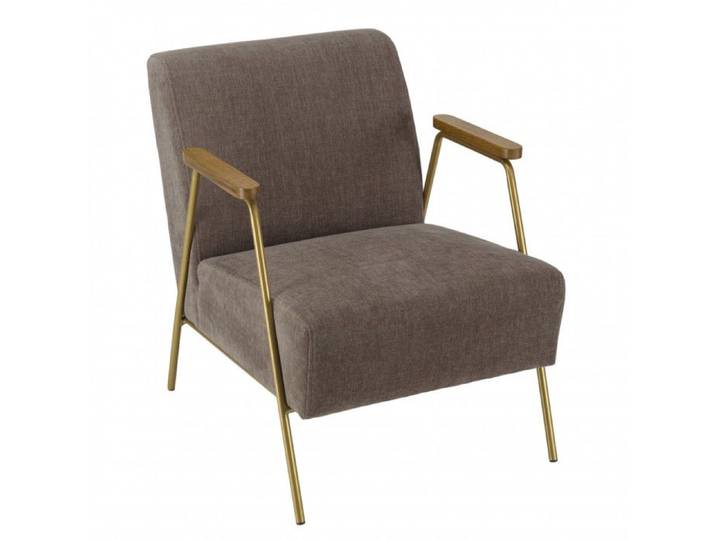 MACABANE AGATHE - Fauteuil lounge tissu taupe métal doré accoudoirs bois AGATHE
