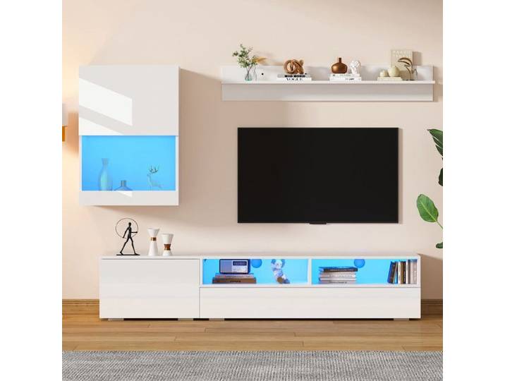 175 * 39 * 34cm ensemble de mur de salon TV avec Vitrine (ensemble complet 3 pièces) MUR multimédia avec panneau TV Blanc