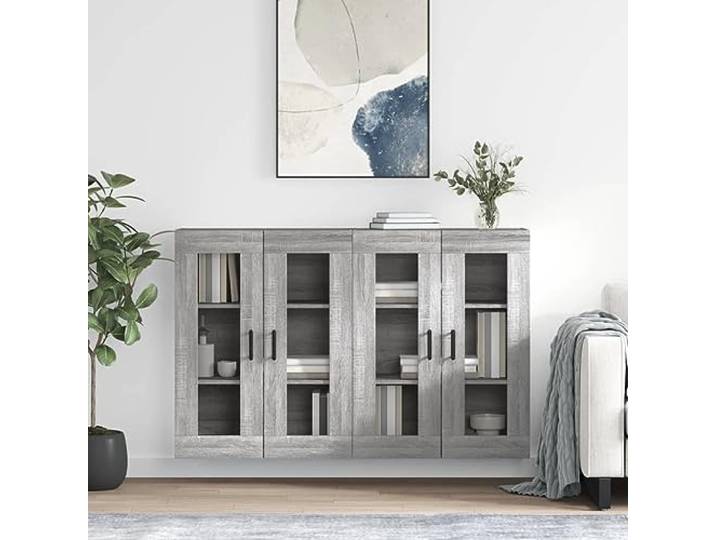 Jkghdrt 2er Set Wandschraenke Grau Sonoma Holzwerkstoff Haengeschrank Holzwerkstoff, grau Sonoma, 2 Stueck, Glastueren, Wandmontage, vielseitig als Sideboard-Aufsatz nutzbar