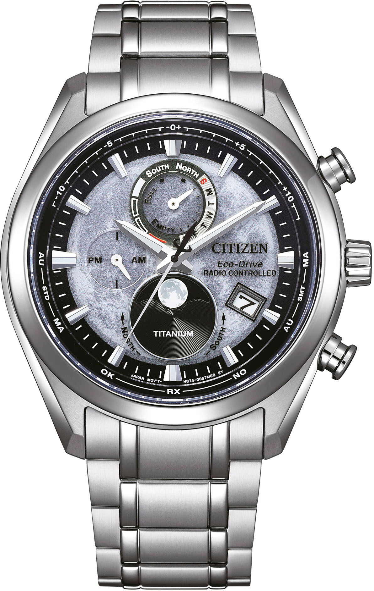 Funkchronograph CITIZEN "Tsuki-yomi", silber (titansilberfarben, grau, grau), Armbanduhren, Herren, titansilberfarben, Funkchronograph, Armbanduhr, Herrenuhr, Solar, Titan, Stoppfunktion, Mondphase