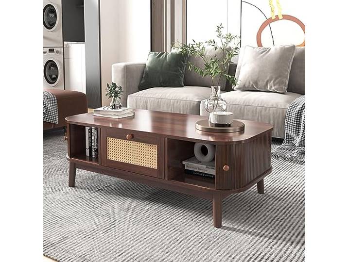 Merax Couchtisch Niedriger, Moderner Kaffeetisch mit Schubladen und Schiebetüren aus Massivholzplatten, Wohnzimmertisch mit Stauräume, Multifunktionaler Beistelltisch Sofatisch, Landhausstil, Braun