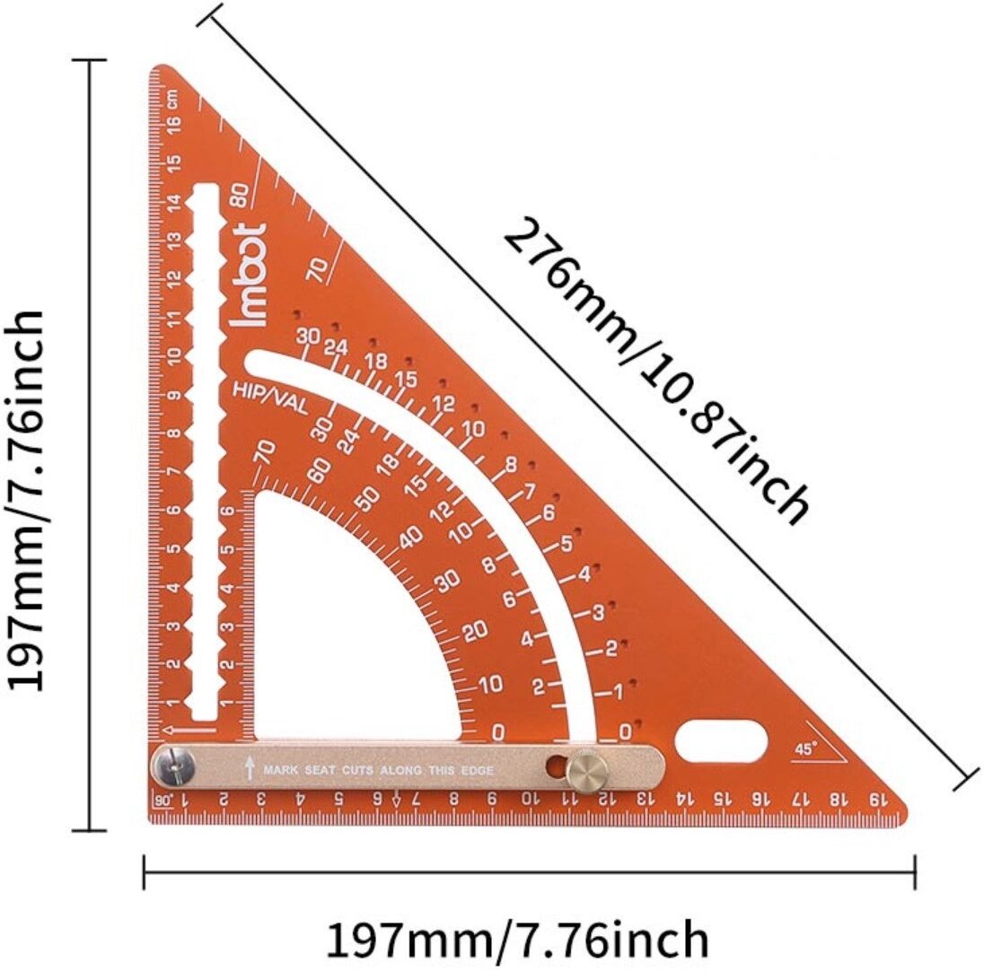 INF Kleines orangefarbenes Aluminium-Dreiecklineal mit verstellbarem Winkelmesser und Kreiszeichnungsfunktion