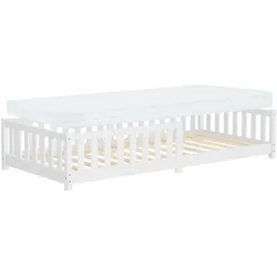 ML-Design Kinderbett 90x200 Weiß mit Matratze 10cm, Bodenbett aus Kiefernholz mit Lattenrost & Rausfallschutz, Holzbett Babybett