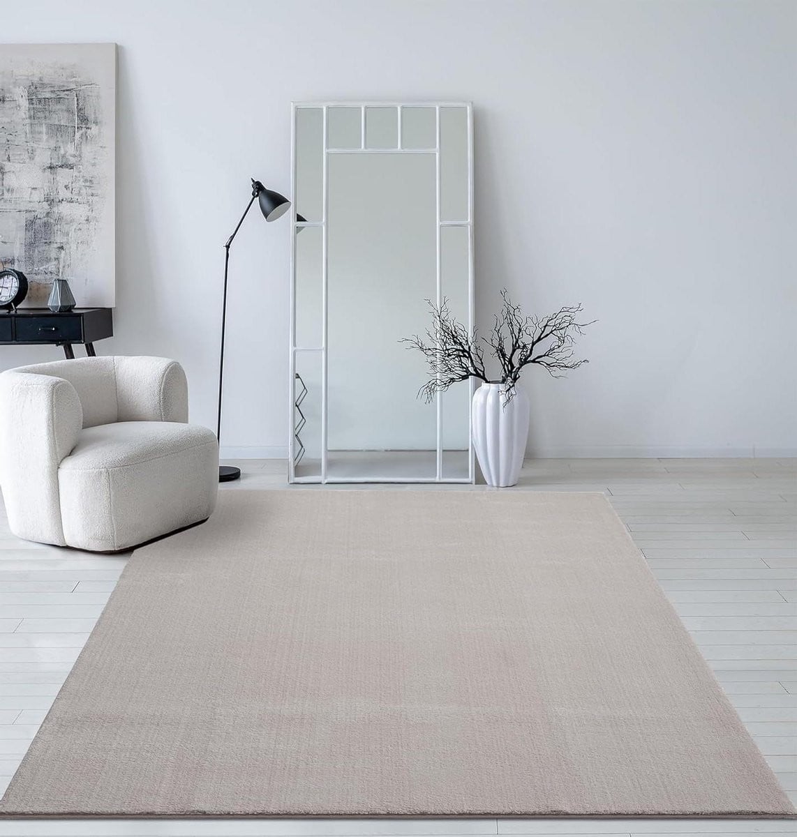 Modern Laagpolig Tapijt in Zandkleur met Antislip Achterkant, 60 x 110 cm