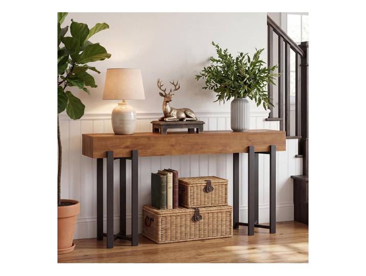 GarveeMore Konsolentisch mit Metallbeine für Flur, Wohnzimmer, Eingangsbereich, robuste Konstruktion, 160x30x80 cm, Braun + Schwarz