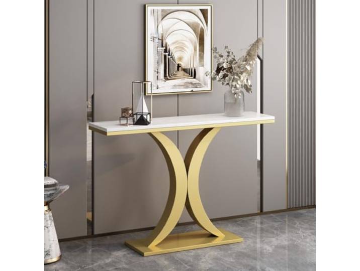Moderner Konsolentisch Mit Steinplatte, Robuster Sofatisch Aus Metall Robuster Metallrahmen, Pflegeleichte Steinplatte, Vielseitiger Flurtisch, Schlank(Gold,80cmW*30cmD*80cmH)