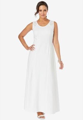 Plus Size Women's Stretch Cotton Crochet-Back Maxi Dress by Jessica London in White (Size 28) Maxi Length