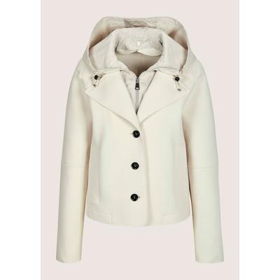Kurzjacke MADELEINE "Cabanjacke Scuba-Jacke mit Kapuze", Damen, Gr. 44, weiß (perlweiß), Obermaterial: 74% Baumwolle CO. 21% Polyester PES. 5% Elasthan EL., Modern, gerade, Jacken Kurzjacke, Markanter Reverskragen