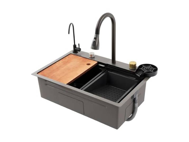 Schwarz Küchenspüle 68x45 cm Edelstahl Einbauspüle Küchenspüle, 1 Becken SpüLbecken KüChe, Waschbecken KüChe mit Ausziehbare Wasserhahn, Multifunktionsspüle, Wasserfallspüle