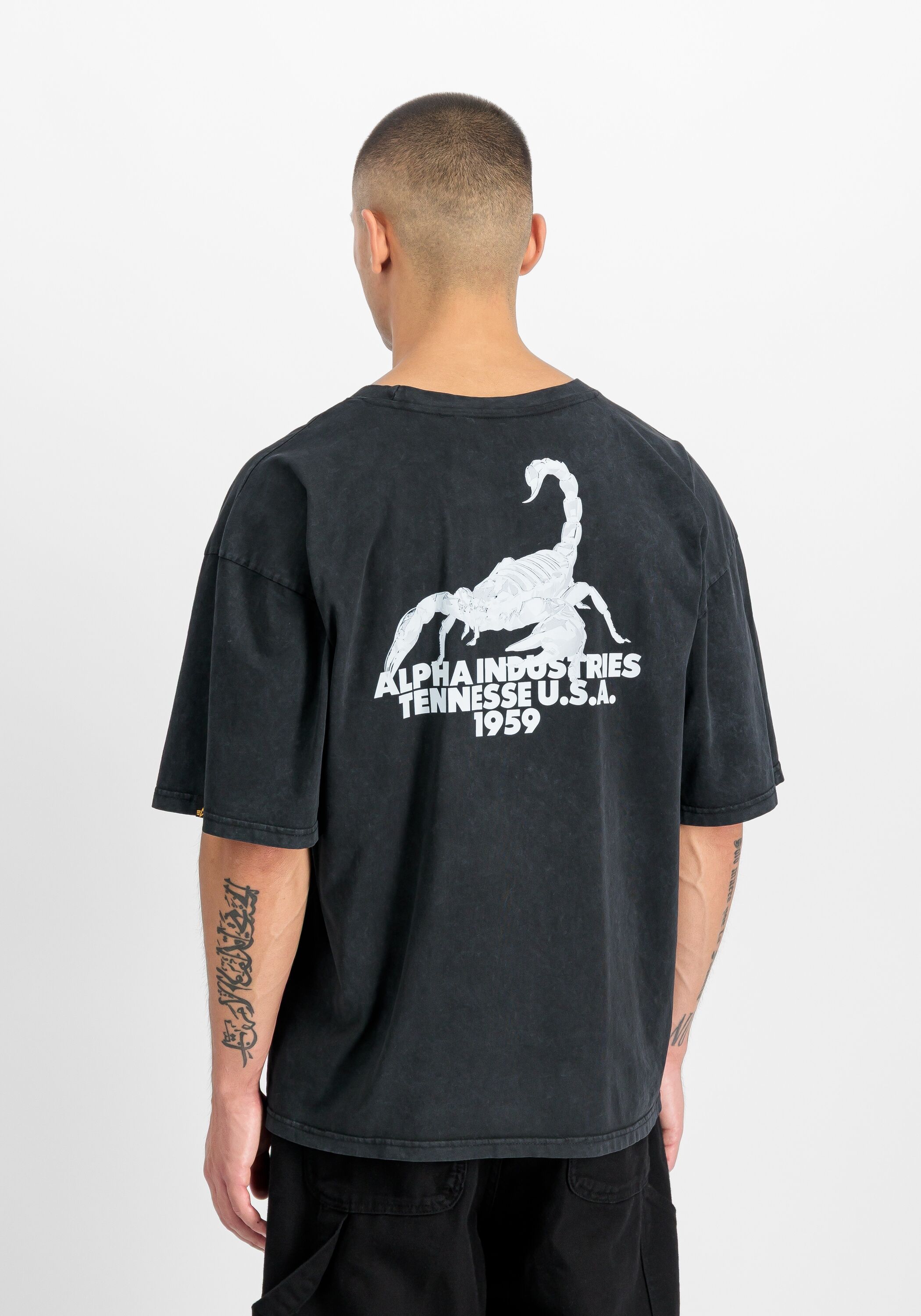 T-Shirt ALPHA INDUSTRIES "US Scorpion Backprint T-Shirt", Herren, Gr. S, schwarz, Obermaterial: 100% Baumwolle, Shirts T-Shirt schwarz S