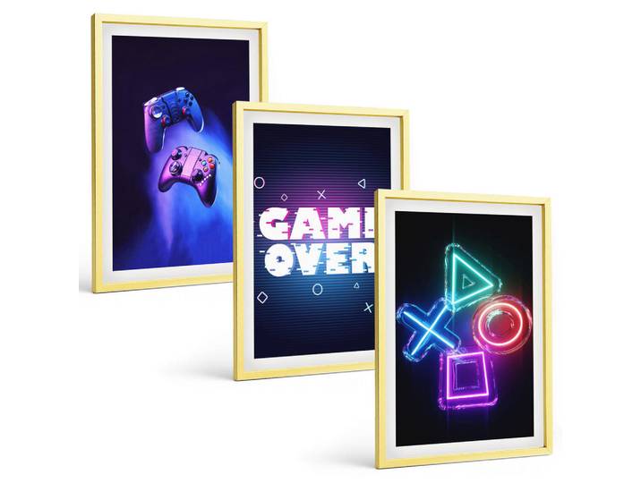 Tulup Bilder SET 3er Set - 40x60 cm Goldrahmen - Game Over Gamepads, Goldfarben, Kunststoff, Rechteckig, 40x60 cm, Fotografie, Bilder & Rahmen, Bilder