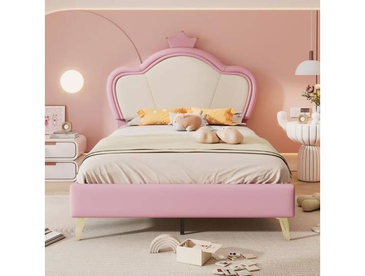 Lit simple enfant - DREAMMESPACE - 90x200cm - Rose + Blanc - Tête de lit couronnée - Métal