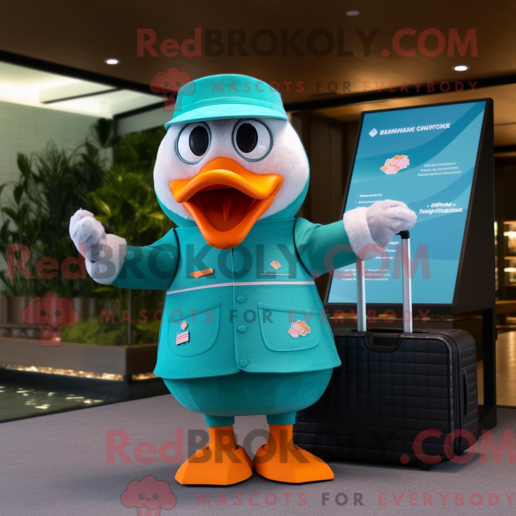 Maskottchenfigur REDBROKOLY eines blaugrünen Mandarins mit Bikini und Aktentasche