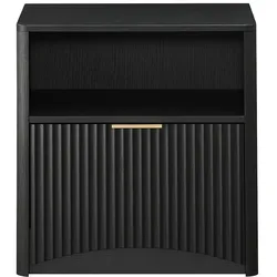 OKWISH Nachttisch aus Spanplatte Schwarz 58x38x60 cm mit Rillendesign, offener Schublade und leisem Vollauszug