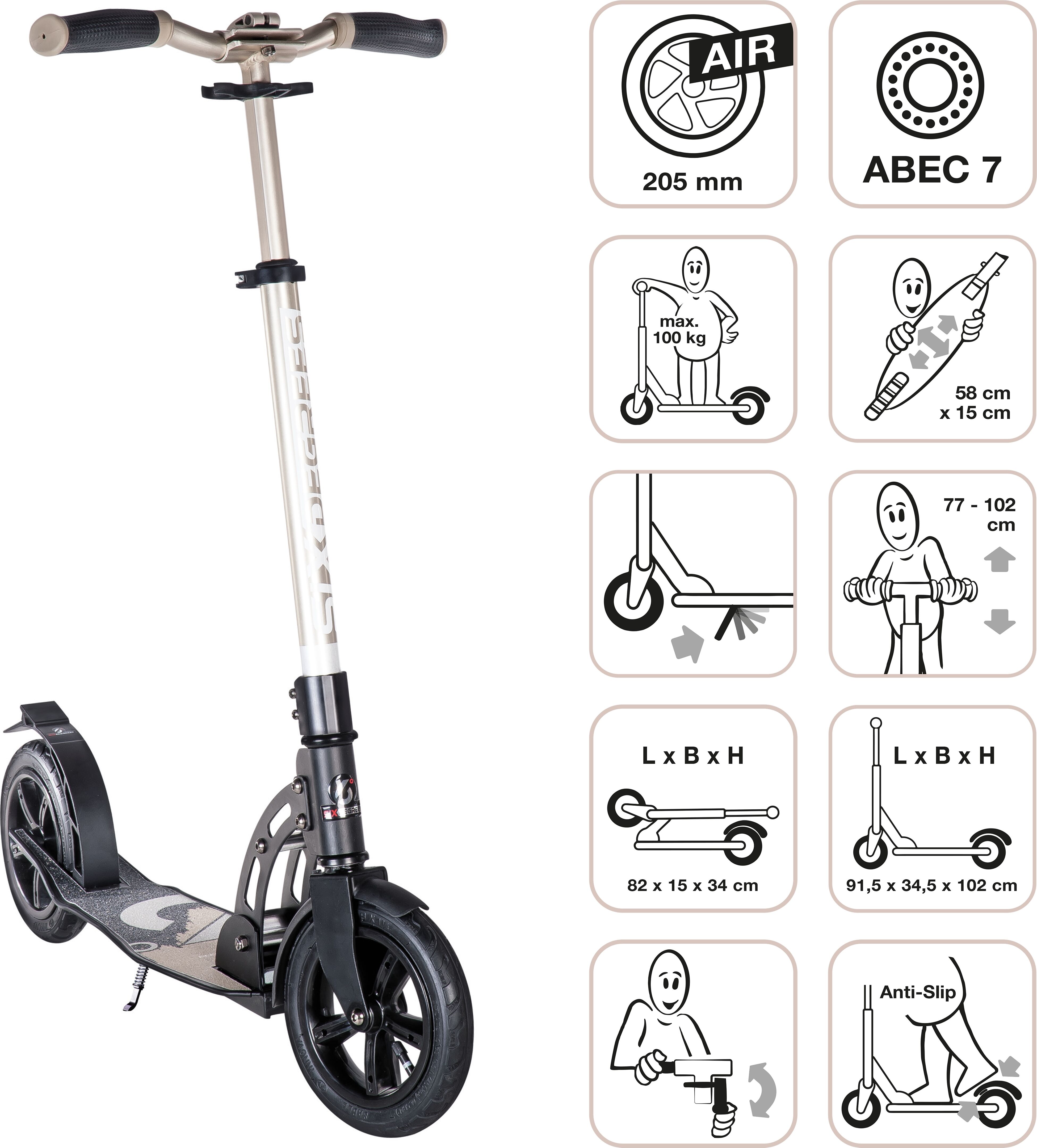 Scooter SIX DEGREES "Aluminium Scooter Air 205 mm", schwarz (goldfarben), Roller, KinderB:45cm L:91,5cm, Scooter, B:45cm L:91,5cm goldfarben Einheitsgröße