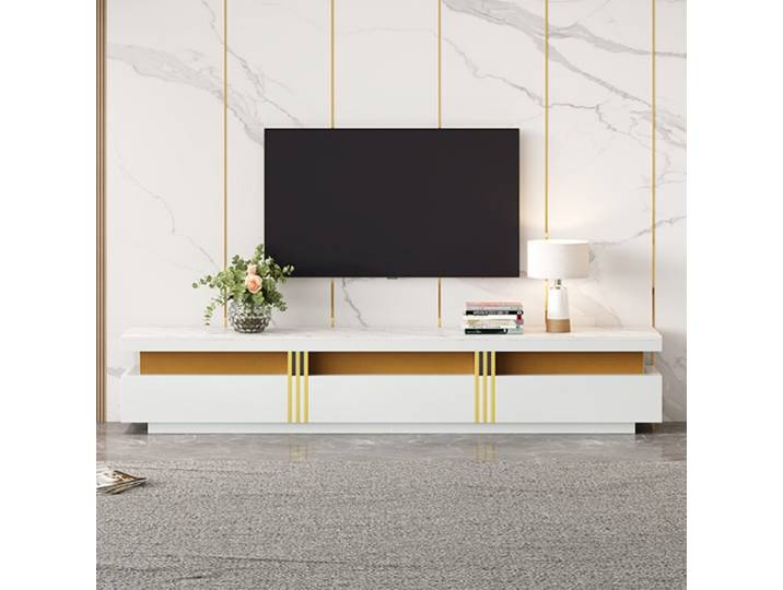 Meuble TV moderne haut de gamme, aspect marbre, meuble TV, boîtier TV, 200x40x42cm, trois tiroirs et 1 gestion des câbles