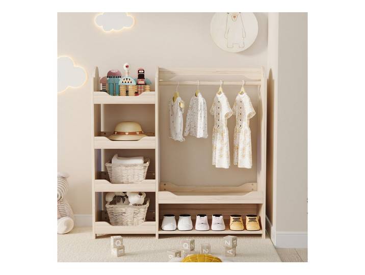 Celya Kleiderschrank Kindergarderobe, Kinderkleiderschrank (110*39*110 cm, für Kinderzimmer, Standgarderobe Naturholz) mit Kleiderstange & 4 Regalen, Aufbewahrung