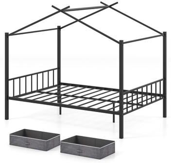 Costway Full Size Metal House Bed with 2 Fabric Drawers for Kids-Black