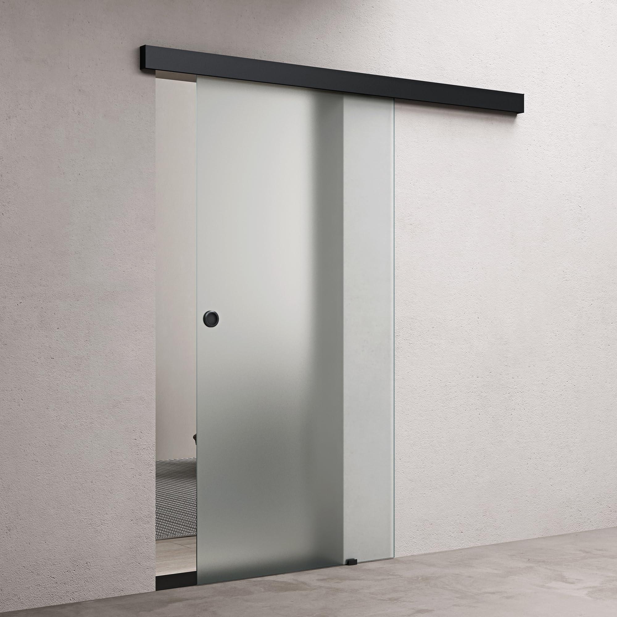 doporro Glasschiebetür komplettset Softclose 102,5 x 205cm Schiebetür mit ESG 25mm Wandabstand Zimmertür Vollsatiniert mit Muschelgriff Schwarz