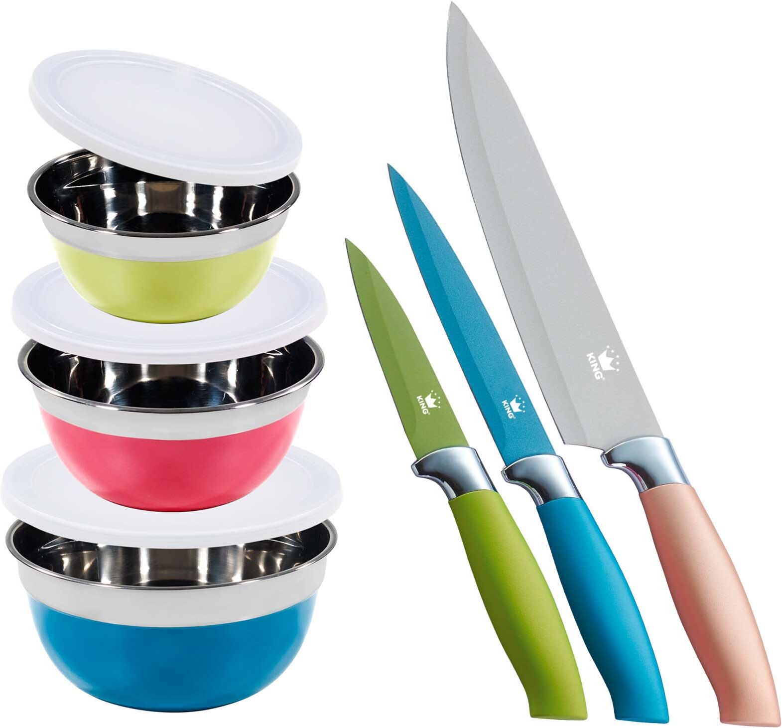 Messer-Set KING "AROMI Metallic", bunt (blau, grün, rosa), Edelstahl, Kochmesser-Sets, inklusive 3tlg. Schüssel-Set