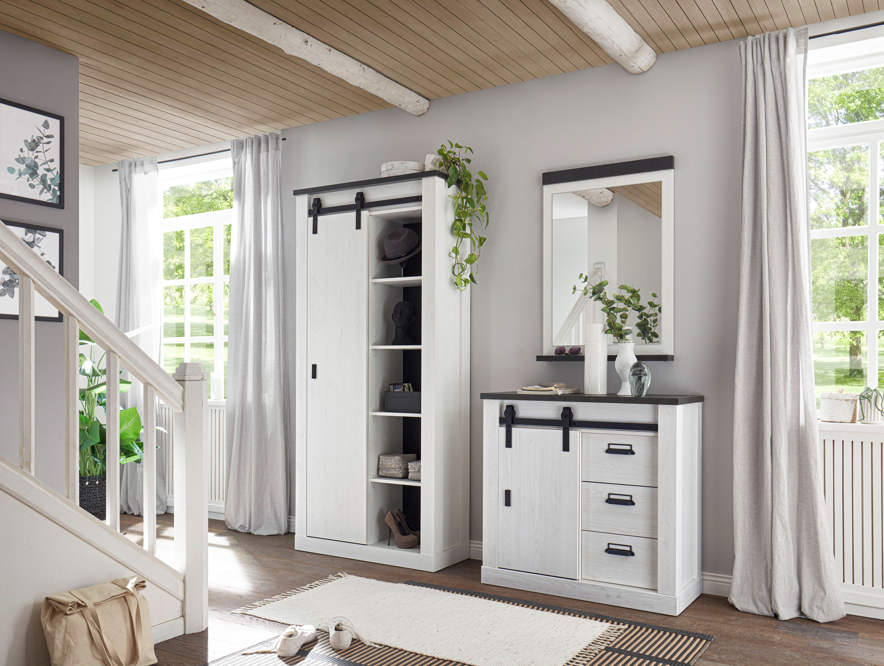 Garderoben-Set HOME AFFAIRE "Sherwood, Garderobe im Industrial-Style, Komplettset mit viel Stauraum", weiss (pinie weiß dekor), B:206cm H:201cm T:43cm, Kastenmöbel-Sets, Garderoben-Set, enthält Schrank, Kommode, Spiegel, Scheunentorbeschlag &Apothekergrif