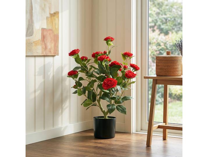HOMCOM Camélia Artificiel 65cm Pot Fleurs Soie Rouge 116 Feuilles