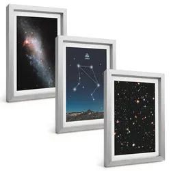 BILDER SET 3er Set - 20x30 cm Silberner Rahmen - Weltraum, Galaxie, Waage, Himmel