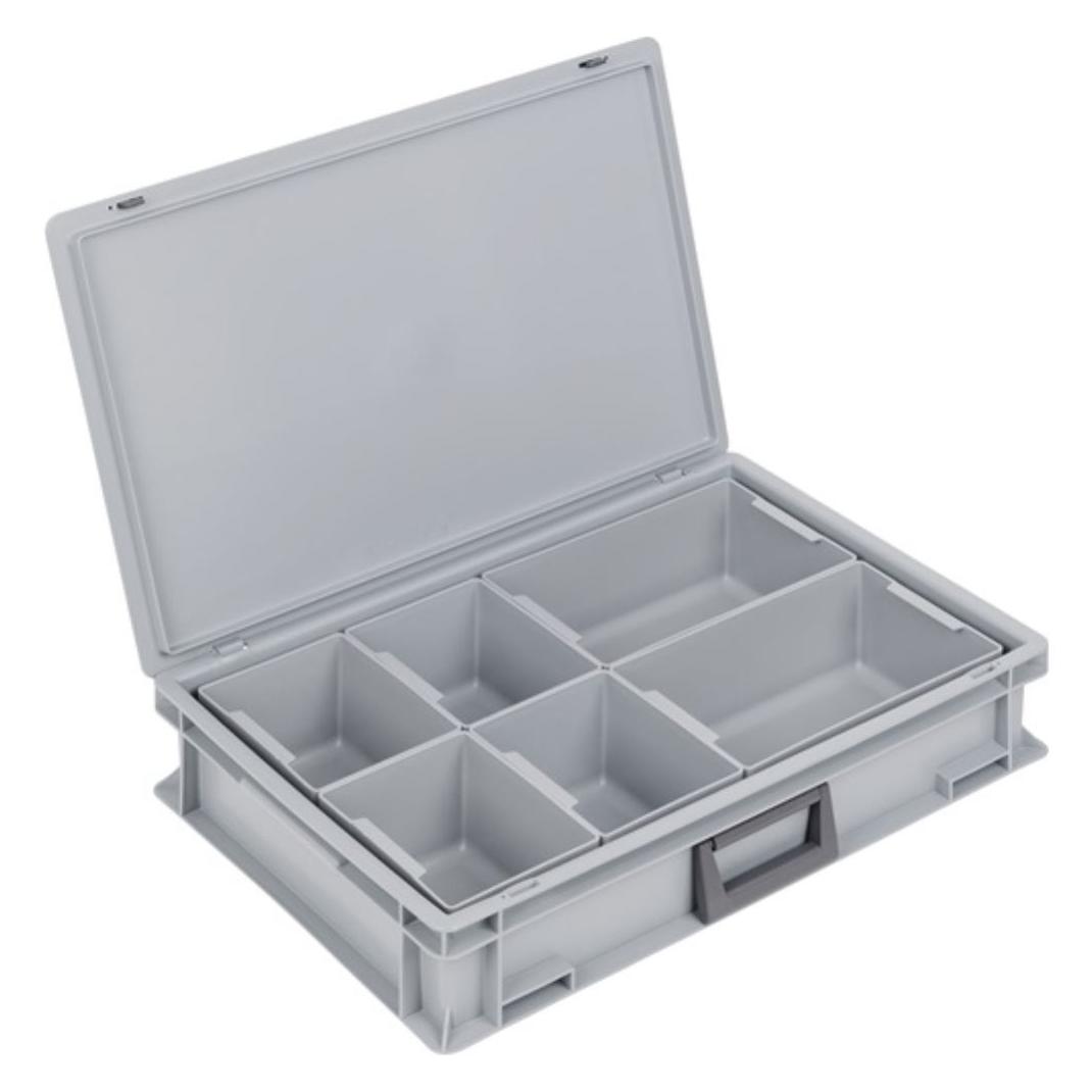 Lockweiler Kunststoffkoffer L600xB400xH133 mm PP 1 Griff 6 Einsatzkästen+Schiebeverschluss grau 24 l (BL-139224110118-3)