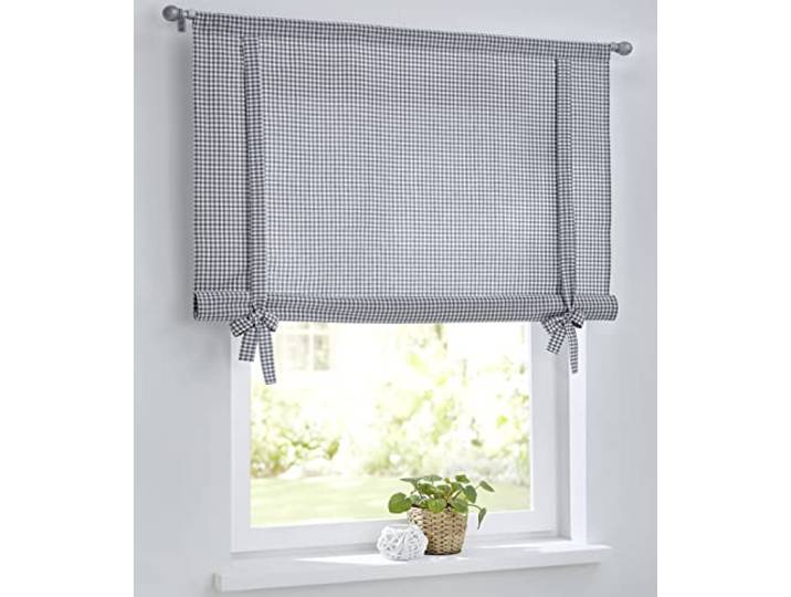 Store bateau cottage à carreaux\, store romain avec cordon pour tringles à rideaux\, maison de campagne\, cuisine\, à carreaux\, blanc/gris\, store à liaisons\, 120 x 100 cm (l x H)
