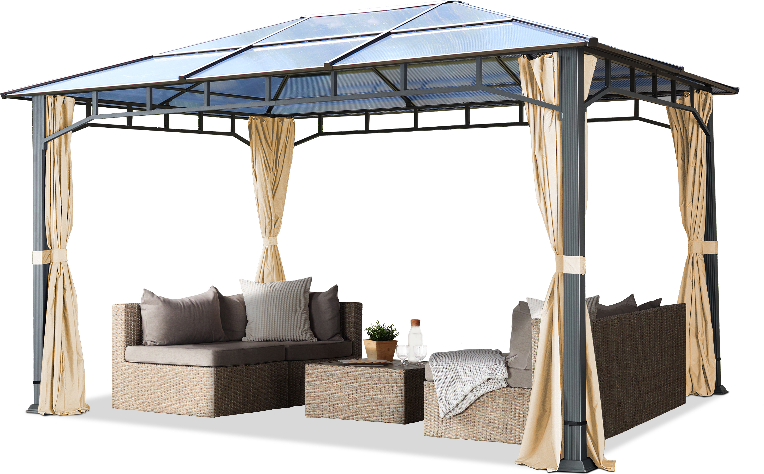 Gartenpavillon 3x4 m Aluminium Gestänge Polycarbonat Dach ca. 8 mm Pavillon Gartenzelt 4 Seitenteile Champagner