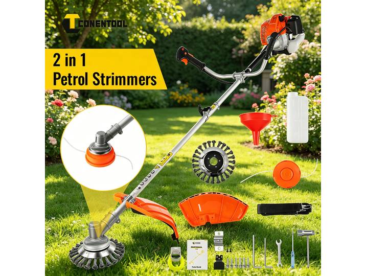 CONENTOOL 52CC Débroussailleuse à essence 2-en-1 11000 tr/min Coupe-herbe thermique 2 temps Tondeuse à gazon Outils de jardin robustes pour l'entretien des jardins