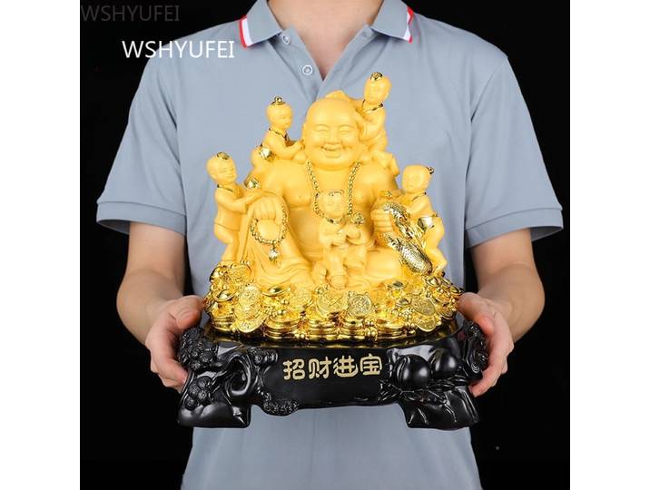 Bouddha Maitreya doré, grand ventre riant, ornement de Fortune, statue de bouddha, décoration consacrée, artisanat de bureau pour salle de bouddha