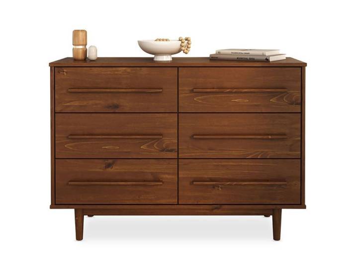 Commode TECCA L 111 cm avec 6 Tiroirs en Bois Massif Coloris Châtaignier Meuble de Rangement pour Vêtements Design Scandinave