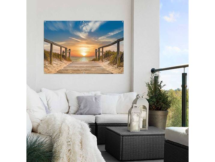 home24 Outdoor-poster Zonsondergang Strand Weerbestendig PVC met oogjes voor ophangen beige 80 x 120 x 0cm