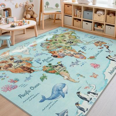 BLUEBELL Kids World Map Area Rug, Washable Non-Slip Carpet with Soft Faux Wool